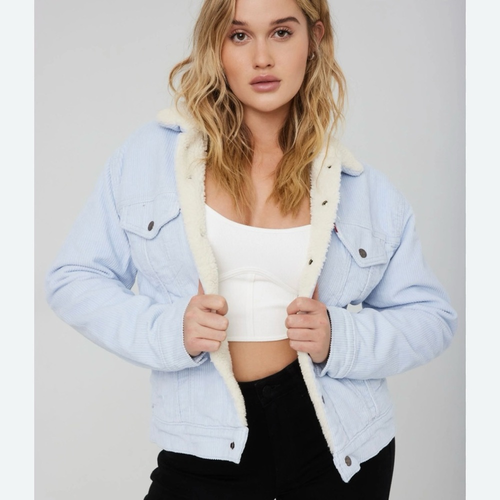 Levi’s Ex-Boyfriend Corduroy Sherpa Denim Jacket Boho Baby Blue XL NEW